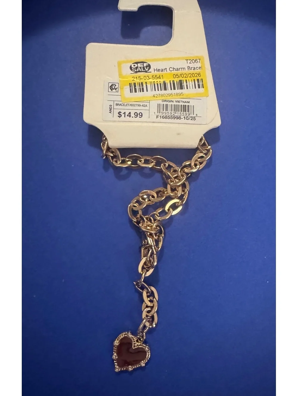 Gold-Tone Heart Charm Bracelet with Rhinestone Accents, New with Tags